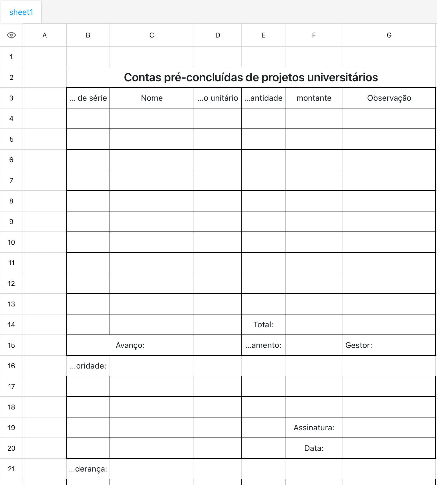 Contas pré-concluídas de projetos universitários